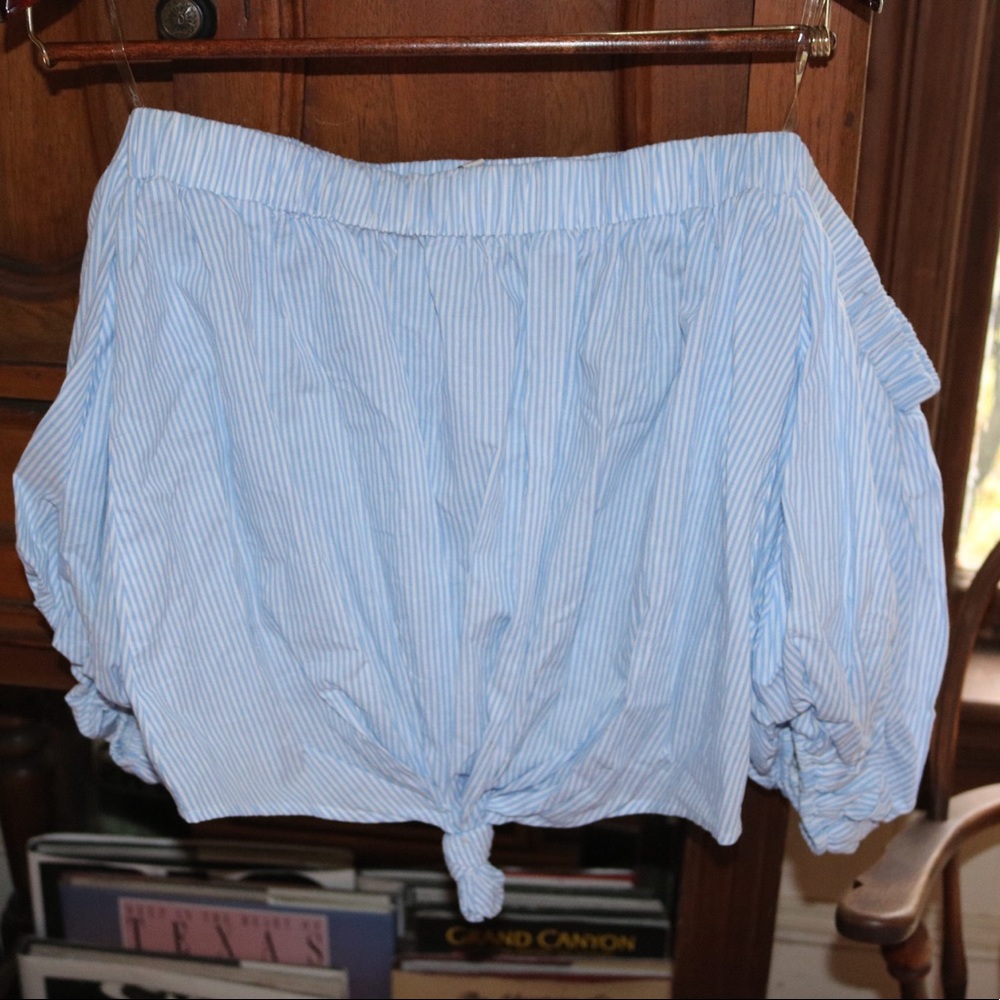 Strapless baby blue and white striped blouse